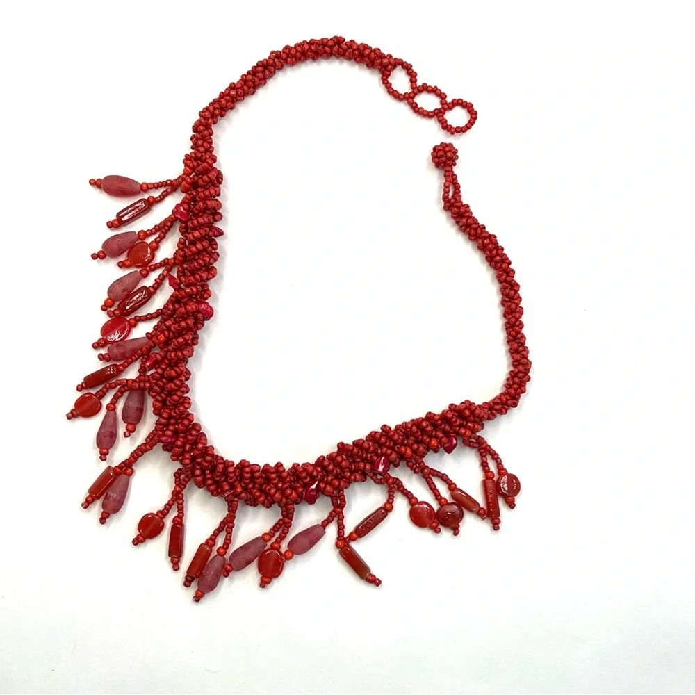 Red Statement Necklace Glass Red Coral Beads